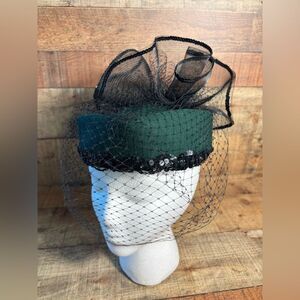NWT Green Pillbox Jackie O. Hat Wool Felt w Net Wedding Sequins Vintage READ